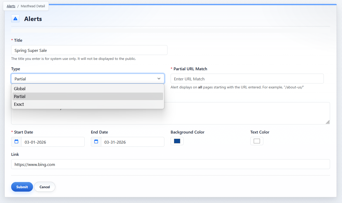 Alert detail view showing Type and Partial URL Match fields