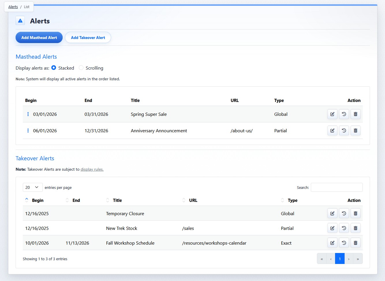 Alerts Manager list view
