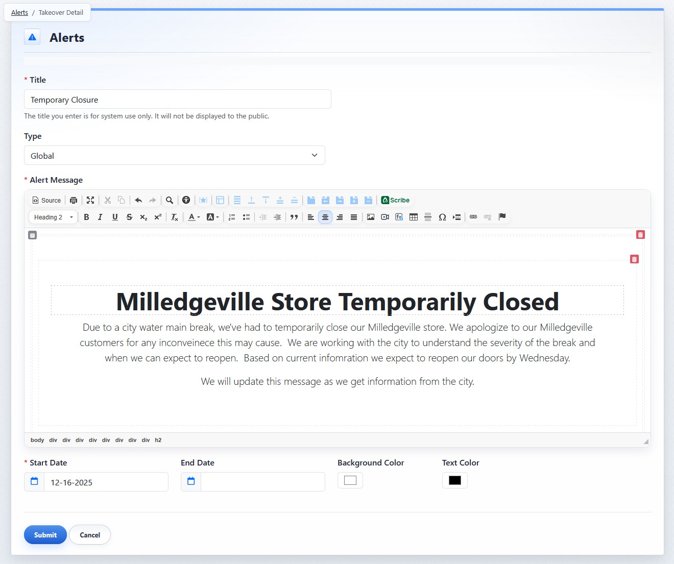 Existing Takeover Alert edit view