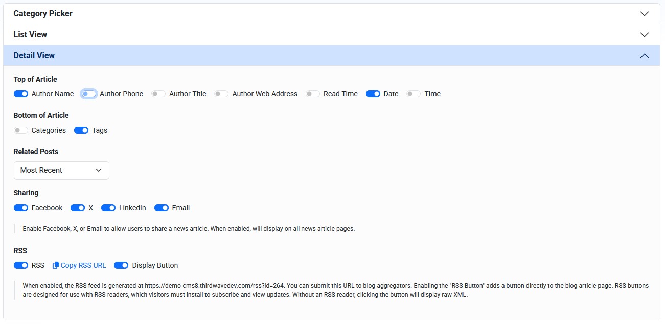Blog Detail View settings