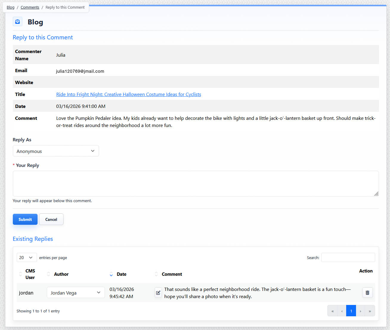 Reply to Blog comment view