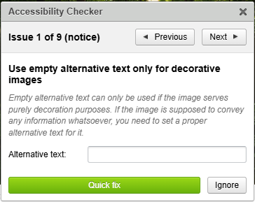 Accessibility Checker dialog showing an alternative text notice with Quick Fix and Ignore options