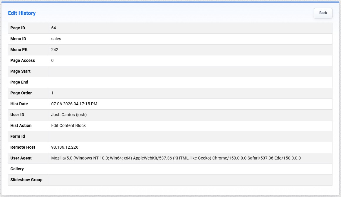 Edit History detail view showing page, user, and browser information