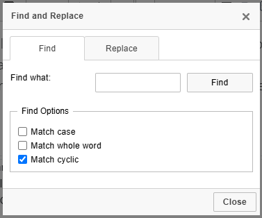 Find and Replace dialog showing the Find tab