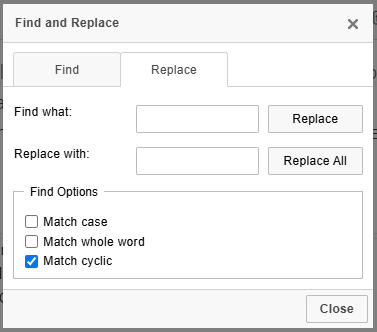 Find and Replace dialog showing the Replace tab