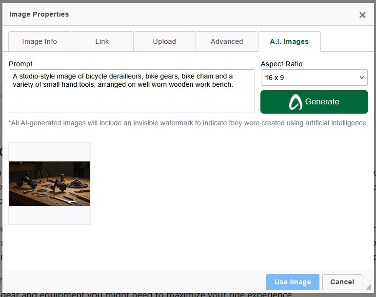 A.I. Images tab with prompt and aspect ratio options