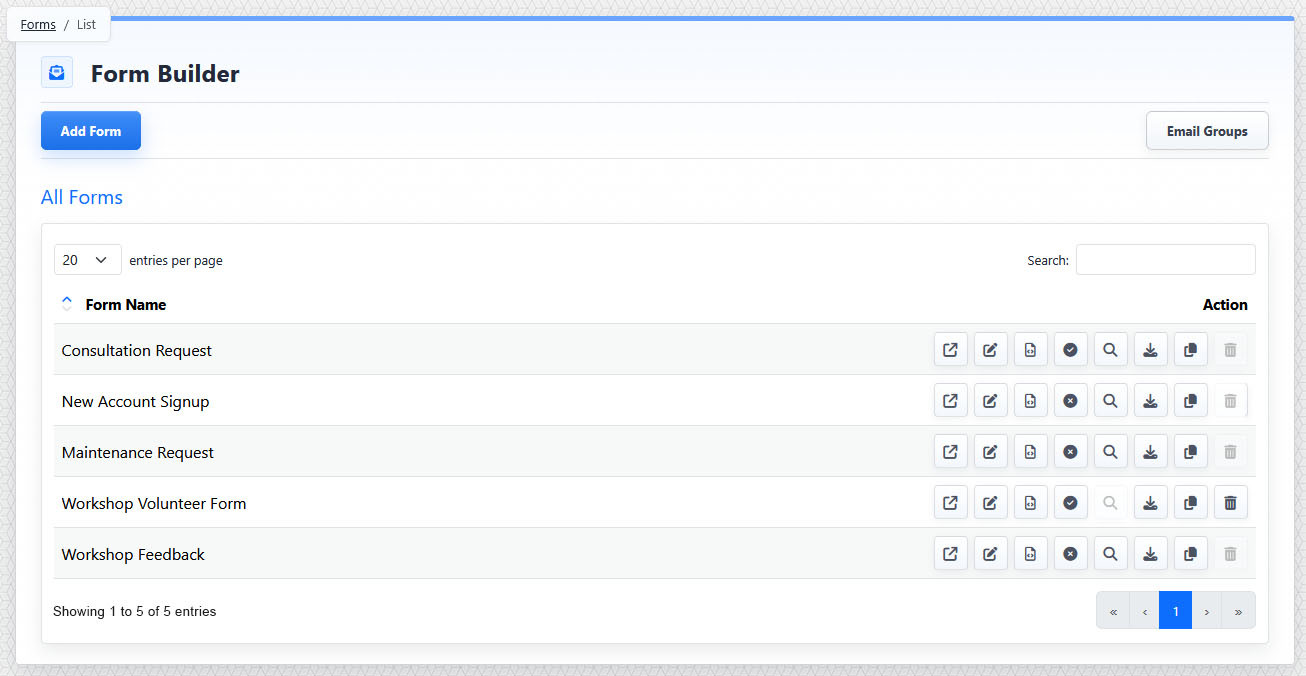 Form Builder list view