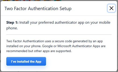 Two-factor authentication setup step 1