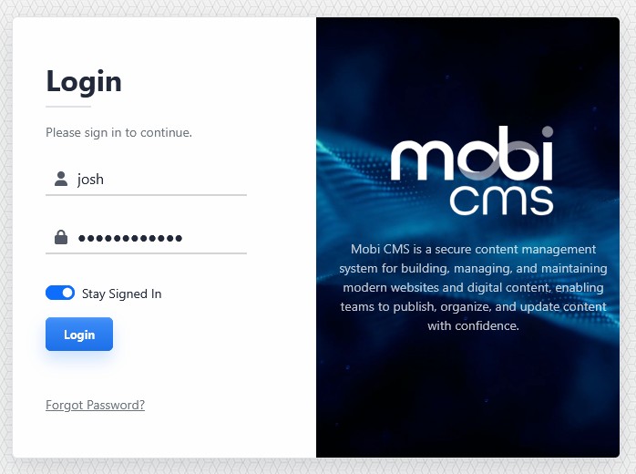 Mobi CMS login screen with username and password entered