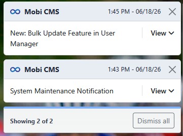 Cropped view of Mobi CMS temporary notifications