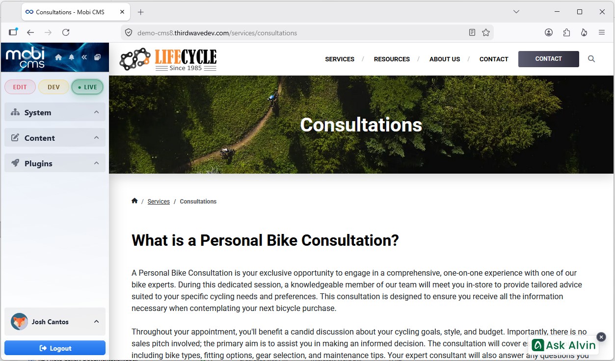 Website with Mobi CMS console open