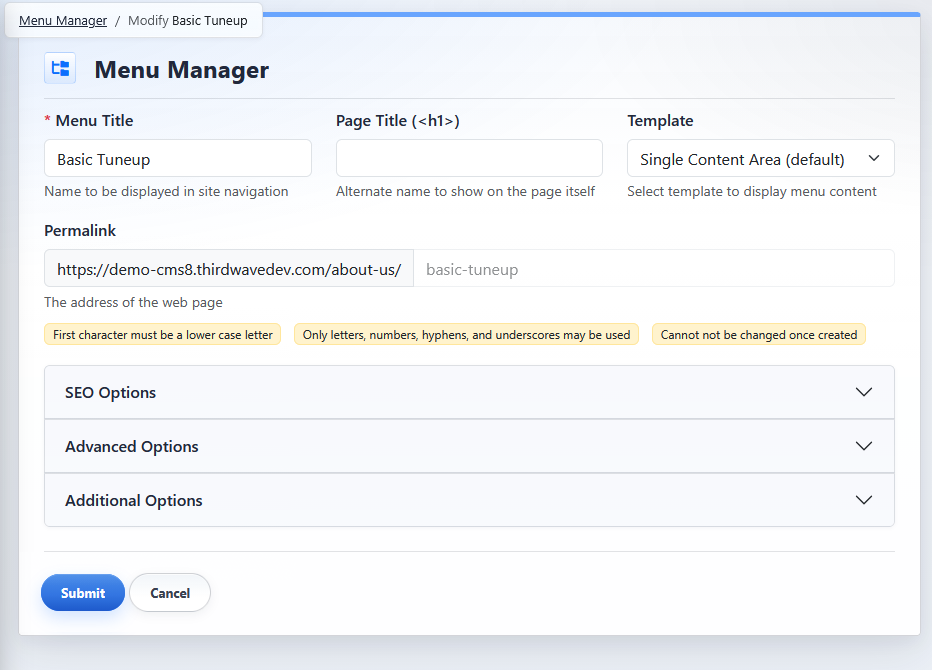 Menu Manager edit view showing SEO Options, Advanced Options, and Additional Options accordions