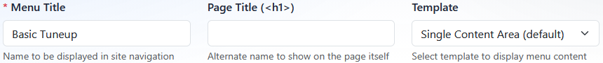 Menu Title, Page Title, and Template fields in the Menu Manager