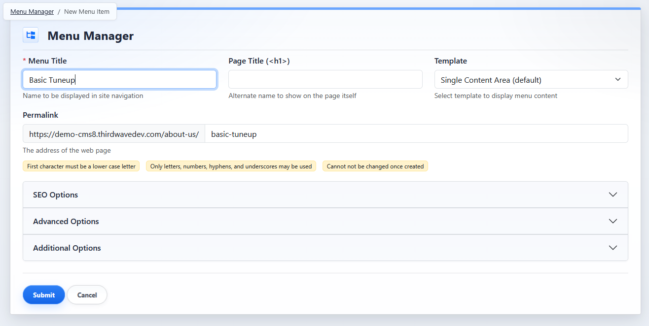 New Menu Item screen in the Menu Manager