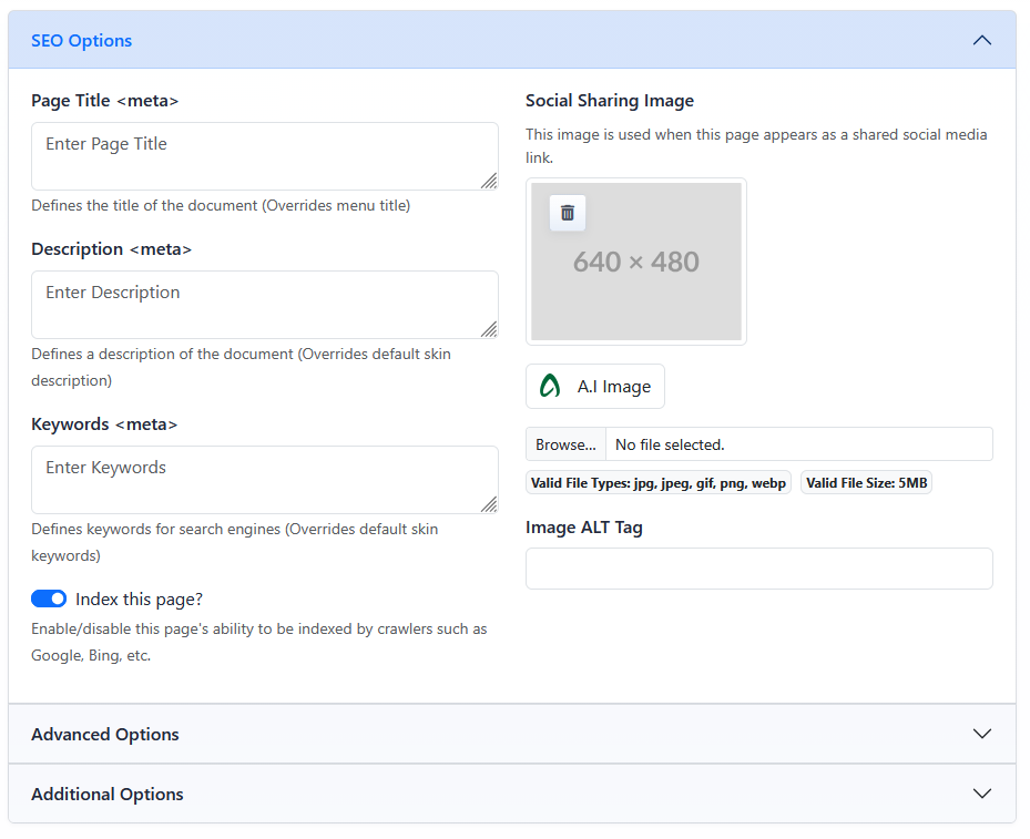 SEO Options expanded in the Menu Manager edit view