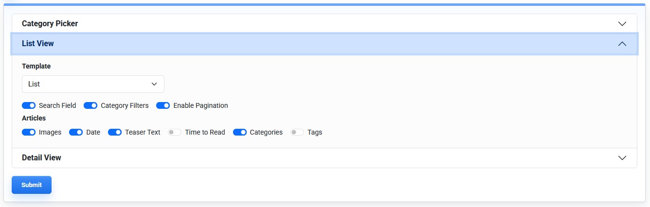 News public list view settings