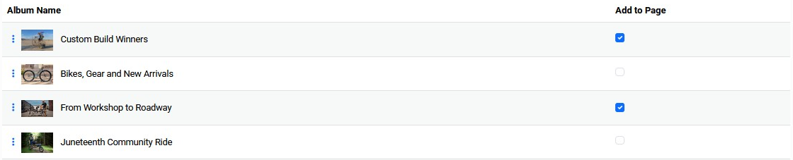 Album Picker table with Add to Page checkboxes