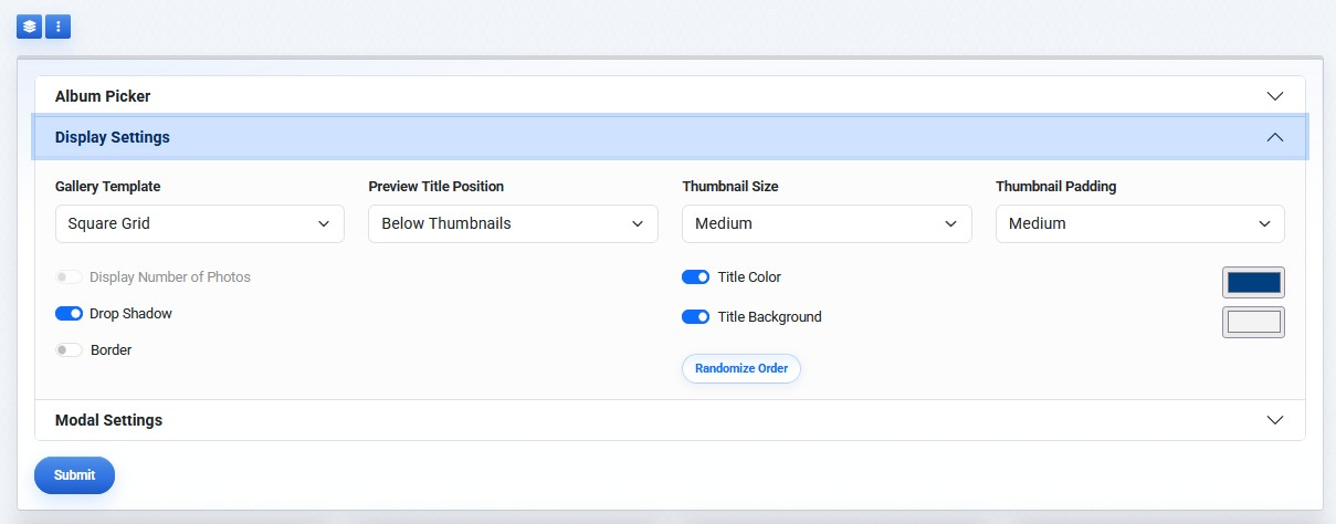 Photo Gallery Display Settings panel