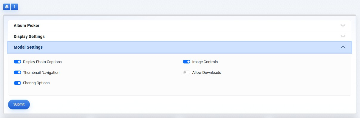 Photo Gallery Modal Settings panel