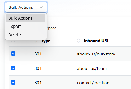 Bulk Actions menu showing Export and Delete options