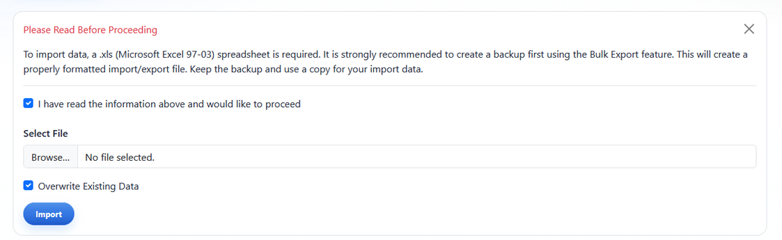 Redirect import interface with Overwrite Existing Data visible