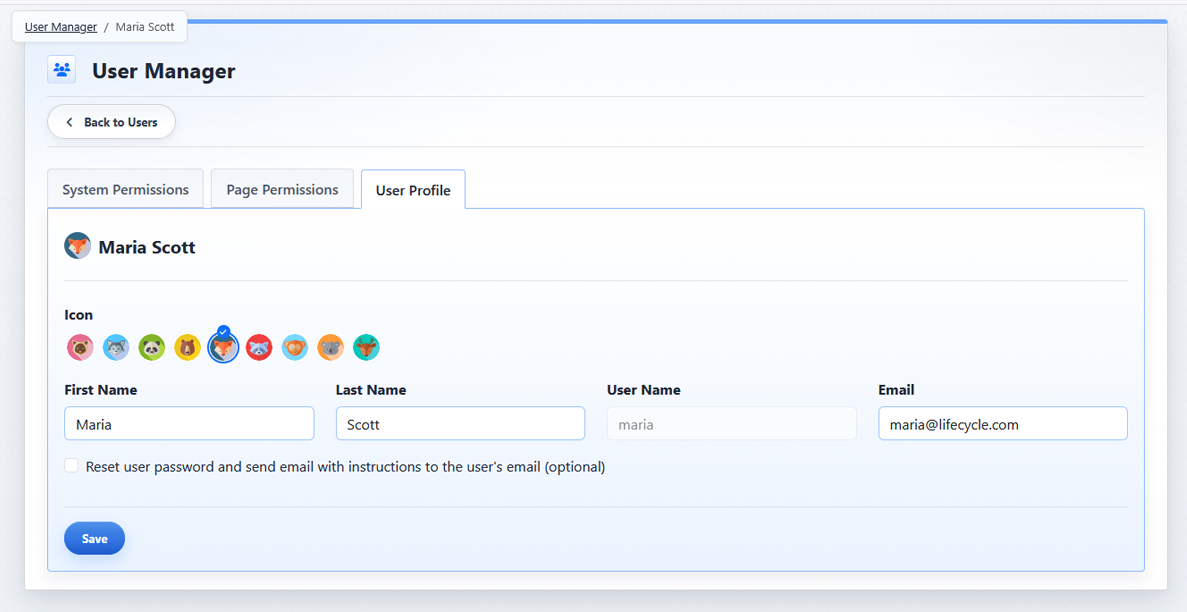 Editing an existing user profile in User Manager