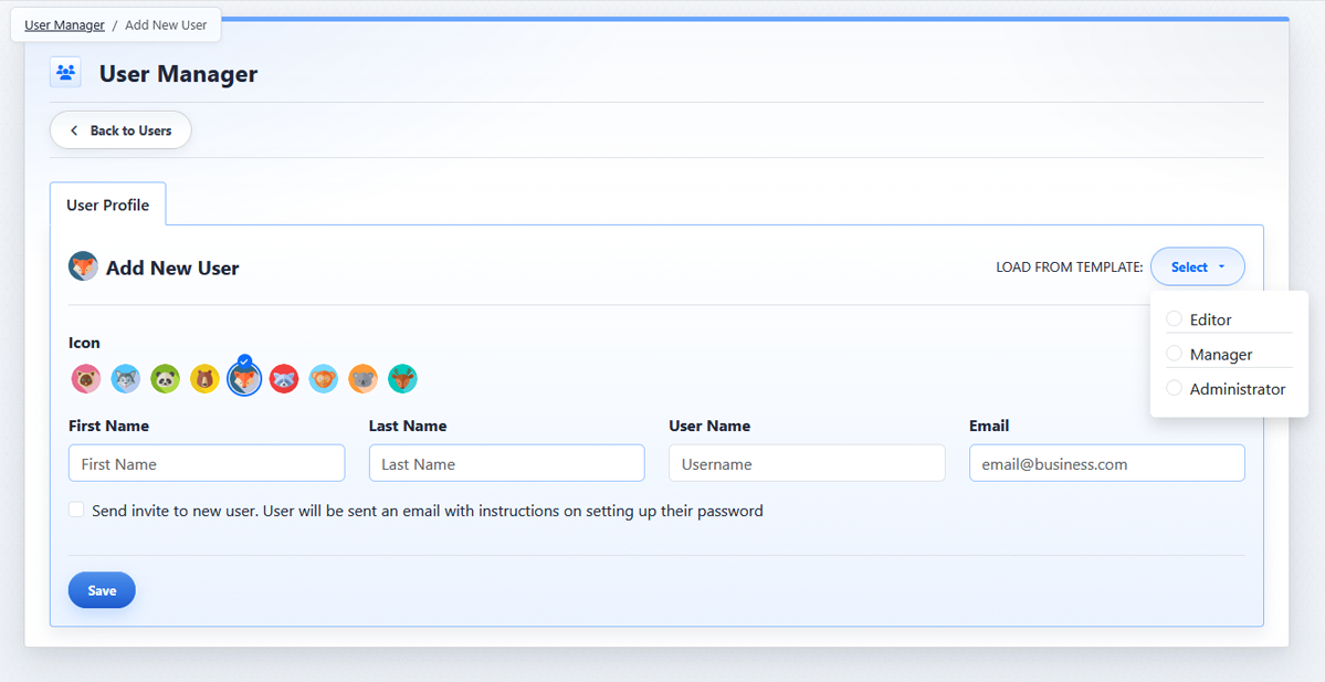 Add New User view with Load from Template menu open