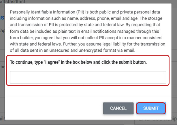 Pop-up box with a disclaimer with a red rectangle around the text box as the submit button.