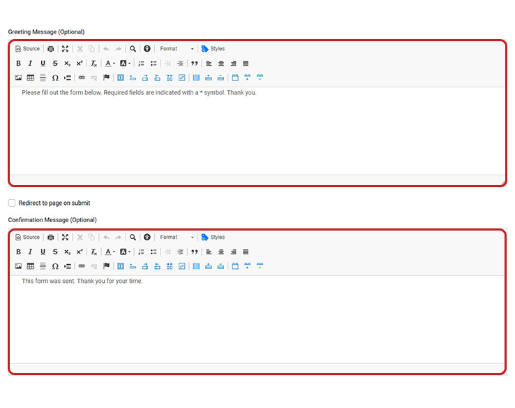 an image detailing adding a greeting and confirmation message to a form in cms7