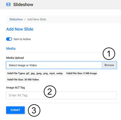 an image detailing the slide media upload button and paying special attention to the image alt tag in cms7