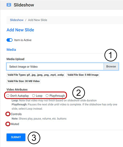 detail of the steps of media upload by selecting browse, the possible video attributes, and the submit button in cms7